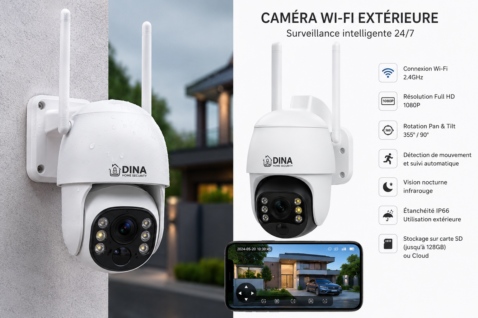 Caméra Wi-Fi Extérieure HD avec Vision Nocturne
